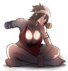 Rule 34 | 1girl, absurdres, amputee, black hair, bleach, blue eyes, breasts, cleavage, collarbone, highres, large breasts, shiba kuukaku, sitting, solo, thatamaan
