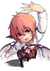 1girl :d animal_ears arm_up bird_ears bird_wings black_socks blush brown_dress brown_shoes collared_shirt commentary_request dress earrings fingernails frilled_dress frills full_body gkvtij jewelry long_fingernails long_sleeves mystia_lorelei open_mouth pink_hair red_eyes shirt shoes short_hair simple_background single_earring sleeve_garter smile socks solo standing touhou white_background white_shirt winged_footwear wings