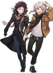 2boys akutagawa_ryuunosuke_(bungou_stray_dogs) belt black_coat black_eyes black_gloves black_hair black_pants black_scarf black_shoes brown_scarf bungou_stray_dogs coat commentary_request fang full_body gloves grey_hair hand_up highres holding_hands jacket long_sleeves looking_at_viewer male_focus masaka888 multicolored_eyes multicolored_hair multiple_boys nakajima_atsushi_(bungou_stray_dogs) open_clothes open_jacket open_mouth pants plaid_clothes plaid_scarf purple_eyes scarf shirt shoes short_hair sidelocks simple_background skin_fang smile sweatdrop two-tone_hair white_background yellow_eyes