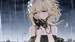 1girl absurdres alternate_costume black_gloves blonde_hair breasts brown_eyes butterfly_necklace cleavage cloud cloudy_sky flower genshin_impact gloves hair_flower hair_ornament highres jewelry looking_to_the_side lumine_(genshin_impact) medium_breasts mxirony parted_lips pendant rain sidelocks sky small_breasts solo upper_body wet wet_hair white_flower