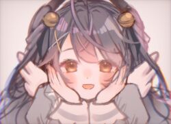 1girl amamiya_kokoro bell brown_eyes dot_nose eyelashes fang grey_background hair_bell hair_ornament hands_on_own_face long_hair looking_at_viewer mi_oxo_9m nijisanji open_mouth skin_fang solo upper_body virtual_youtuber wings