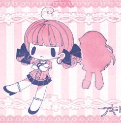 Rule 34 | 1girl, :&lt;, ahoge, bead necklace, beads, black bow, black skirt, bow, breasts, chibi, chibi only, chika (vocaloid), cleavage, closed mouth, crossed arms, earrings, frilled shirt, frills, fukigen waltz (vocaloid), hair bow, hashtag-only commentary, high heels, highres, hoop earrings, jewelry, light blush, necklace, pink background, pink hair, pink shirt, pleated skirt, shirt, short hair, short sleeves, skirt, socks, solid oval eyes, solo, treebarkagain, vocaloid, wavy hair, white socks