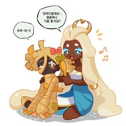 2girls cookie_run cookie_run:_kingdom dark-skinned_female dark_skin fettuccine_cookie food food-themed_hair full_body gauze_on_arm korean_text looking_at_viewer michelin_(p0lo09) mozzarella_cookie multiple_girls mummy pasta short_hair simple_background striped_hat translation_request twintails yellow_eyes