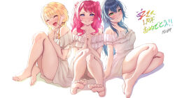 3girls :d ^_^ absurdres bare_arms bare_legs barefoot blonde_hair blush closed_eyes commentary_request dress fang fujita_kotone full_body gakuen_idolmaster green_hair hanami_saki happy_anniversary highres idolmaster knees_up long_hair looking_at_viewer misanga_(hxjd5354) multiple_girls off-shoulder_dress off_shoulder open_mouth own_hands_together red_hair signature simple_background sitting skin_fang smile soles toes translation_request tsukimura_temari very_long_hair white_background white_dress