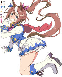 1girl animal_ears ascot blue_eyes blue_shirt blue_skirt boots brown_hair cape collared_shirt commentary_request epaulettes floating floating_cape floating_hair full_body gloves grin hair_ribbon hand_up horse_ears horse_girl horse_tail index_finger_raised long_sleeves looking_at_viewer looking_to_the_side multicolored_hair panties pink_ascot pink_ribbon pleated_skirt ponytail red_cape ribbon shirt sidelocks simple_background single_epaulette skirt smile solo streaked_hair tail tokai_teio_(umamusume) toriga_naku two-tone_shirt two-tone_skirt umamusume underwear white_background white_boots white_gloves white_hair white_panties white_shirt white_skirt