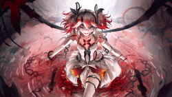 1girl black_eyes black_flower blake_bloom_(wuthering_waves) blood blood_on_face breasts camellya_(wuthering_waves) chromatic_aberration clothing_cutout collar collarbone commentary crazy_smile dress flower gradient_hair hair_between_eyes hair_flower hair_ornament hair_vines highres looking_at_viewer multicolored_hair navel nosori open_mouth pantyhose red_hair red_pupils short_hair short_twintails single_leg_pantyhose small_breasts smile solo stomach stomach_cutout tacet_mark_(wuthering_waves) twintails white_collar white_dress white_hair white_pantyhose wuthering_waves