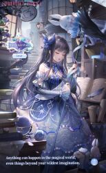 1girl artist_request bare_shoulders bead_bracelet beads black_sleeves blue_bow blue_bowtie blue_dress blue_sky blunt_bangs book bow bowtie bracelet breasts cafe cersei_(shining_nikki) character_name cleavage closed_eyes commentary copyright_name cowboy_shot day detached_sleeves dress english_commentary english_text feathers frilled_sleeves frills gown gradient_clothes gradient_dress grey_hair hair_bow highres holding holding_staff jewelry layered_sleeves light_blush light_particles logo lolita_fashion long_hair long_sleeves magic_hare_wand_(shining_nikki) nikki_(series) official_art open_book open_mouth outdoors rabbit scroll second-party_source shining_nikki short_over_long_sleeves short_sleeves sign sky sleeves_past_wrists solo staff stairs standing strapless strapless_dress striped_bow striped_bowtie striped_clothes striped_dress toy vertical-striped_clothes vertical-striped_dress very_long_hair white_sleeves