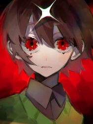 1other absurdres black_shirt brown_hair chara_(undertale) chromatic_aberration collared_shirt commentary double-parted_bangs english_commentary film_grain green_sweater hair_between_eyes highres looking_at_viewer other_focus parted_lips portrait red_background red_eyes shirt short_hair simple_background solo sparkle sweater takenaka_(takenaka1111) undertale upturned_eyes wind wing_collar