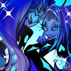2girls blue_hair blue_skin colored_skin demon_girl demon_horns evil_grin evil_smile glam_(helluva_boss) glitz_(helluva_boss) grin guyu68287625 helluva_boss highres horns long_hair looking_at_viewer multiple_girls ponytail sharp_teeth smile teeth