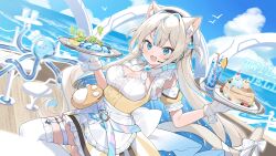 Rule 34 | 1girl, :3, animal ear fluff, animal ears, apron, blonde hair, blue brooch, blue eyes, blue hair, blue sky, blueberry, blurry, bow, breasts, cat ears, cat o-ring, cat tail, chair, cherry, cleavage, cloud, colored inner hair, cream, detached collar, drink, drinking straw, fang, first stage production, food, frilled apron, frills, fruit, glass, gradient hair, hair bobbles, hair intakes, hair ornament, headset, highres, holding, holding tray, ice, ice cream, ice cube, inuyayo, jellyfish, lemon, lemon slice, long hair, multicolored hair, nyapupu marina, o-ring, official art, open mouth, pancake, pancake stack, sky, solo, streaked hair, table, tail, tail bow, tail ornament, thighhighs, tongue, tray, virtual youtuber, waist apron, water, white apron, white bow, white thighhighs