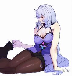 1girl altwnbl arm_support bare_shoulders black_pantyhose black_swan_(honkai:_star_rail) breasts cat cleavage commentary dress english_commentary feet_out_of_frame highres honkai:_star_rail honkai_(series) large_breasts long_hair pantyhose plump purple_dress purple_hair simple_background sitting solo very_long_hair white_background yellow_eyes