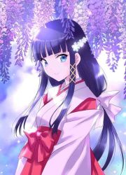 1girl blue_eyes breasts flower hair_ornament hairclip hakama japanese_clothes kawaii_hito kimono long_hair looking_at_viewer maegami mahouka_koukou_no_rettousei miko murasaki_iro nanase_aoi non-web_source purple_hair ribbon shiba_miyuki small_breasts smile solo wisteria xaebok