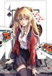 1girl ace_(playing_card) ace_of_spades black_cross_tie black_skirt black_thighhighs blazer blonde_hair breasts brown_eyes card collared_shirt cowboy_shot cross_tie elicooc eyelashes hair_between_eyes highres hyakkaou_academy_school_uniform jacket kakegurui king_(playing_card) lips long_hair long_sleeves looking_at_viewer open_clothes open_jacket playing_card red_jacket saotome_mary school_uniform shirt shirt_tucked_in sidelocks sitting skirt smile solo spade_(shape) thighhighs twintails white_shirt