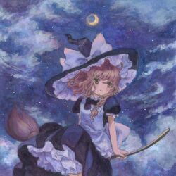 1girl acrylic_paint_(medium) apron black_hat black_shirt blonde_hair bloomers bow braid broom broom_riding closed_mouth cloud cloudy_sky commentary_request crescent_moon hair_bow hat hat_bow highres kirisame_marisa long_hair looking_ahead moon night night_sky outdoors painting_(medium) puffy_short_sleeves puffy_sleeves sasami_(shiroi_fuwafuwa) shirt short_sleeves single_braid sky smile solo star_(sky) starry_sky touhou traditional_media underwear white_apron white_bloomers white_bow witch_hat yellow_eyes