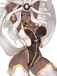 1girl armpits arms_up black_leotard blue_eyes breasts cleavage closed_mouth dark-skinned_female dark_skin earrings fumio_(rsqkr) hair_intakes highres jewelry large_breasts leotard long_hair looking_to_the_side marvel marvel_tokon:_fighting_souls short_hair simple_background solo storm_(x-men) superhero_costume thick_thighs thighhighs thighs very_dark_skin white_background white_hair white_thighhighs x-men