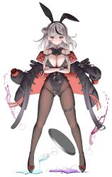 1girl ara1e bare_shoulders black_bow black_bowtie black_hair black_hairband black_jacket black_leotard black_shoes blush bow bowtie breasts broken_glass brown_pantyhose cleavage closed_mouth collar covered_navel crossed_arms detached_collar fingernails footwear_bow full_body glass grey_hair groin hair_bun hairband highres hololive jacket large_breasts leotard long_hair looking_at_viewer multicolored_hair nail_polish pantyhose red_bow red_eyes red_jacket red_nails sakamata_chloe shoes simple_background single_side_bun smile solo streaked_hair thigh_strap thighs tray two-tone_hair virtual_youtuber white_background white_collar white_wrist_cuffs wrist_cuffs