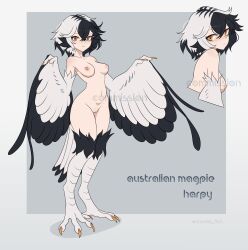 1girl absurdres animal_ears bird_ears bird_legs black_hair black_wings claws commentary commission crossed_bangs english_commentary ev_v1l feathers grey_background harpy highres monster_girl multicolored_hair multiple_girls navel nipples nude orange_eyes original pussy short_hair slit_pupils standing talons twitter_username two-tone_background two-tone_hair two-tone_wings uncensored white_feathers white_hair white_wings wings
