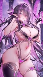 1girl :o bare_shoulders blush breasts bug butterfly commentary cowboy_shot earrings elf eyes_visible_through_hair gloves hair_intakes hair_over_one_eye half_gloves highres insect jewelry large_breasts long_hair looking_at_viewer navel open_mouth original paid_reward_available pointy_ears purple_eyes purple_gloves purple_hair purple_thighhighs single_thighhigh sora_72-iro stomach symbol-only_commentary thighhighs thighlet thighs