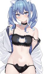 1girl animal_ear_fluff animal_ears black_bra black_choker black_panties blue_hair blush bra breasts cat_cutout cat_ear_panties cat_ears cat_lingerie choker cleavage_cutout clothing_cutout commentary hair_ornament hairclip highres hololive hoshimachi_suisei jacket kohaku_(csacu) medium_hair meme_attire navel open_clothes open_jacket panties side-tie_panties simple_background small_breasts solo symbol-only_commentary twintails underwear virtual_youtuber white_background white_jacket