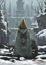 1boy bloodborne boots castle character_request from_behind gloves grey_sky helm helmet highres holding holding_steering_wheel holding_weapon long_sleeves outdoors robe sky solo tripdancer weapon winter