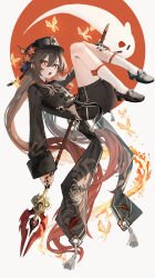 1girl absurdly_long_hair black_hair black_hat black_nails black_shirt black_shoes black_shorts boo_tao_(genshin_impact) bug butterfly circle coattails commentary expressionless fang fire flower flower-shaped_pupils from_side full_body genshin_impact hair_between_eyes hair_flower hair_ornament hand_on_own_leg hat highres holding holding_polearm holding_weapon hu_tao_(genshin_impact) insect knees_to_chest long_hair long_sleeves looking_at_viewer midair open_mouth outstretched_arm plum_blossoms polearm porkpie_hat red_circle red_eyes shirt shoes short_shorts shorts simple_background skin_fang sleeves_past_wrists socks solo staff_of_homa_(genshin_impact) symbol-shaped_pupils twintails very_long_hair weapon white_background white_socks yonchan