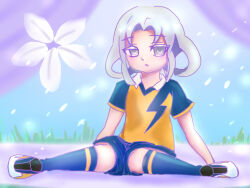 1girl akasode_matsuri_(inazuma_eleven) blue_shirt blue_shorts blue_socks collar flat_chest grey_eyes grey_hair hakkou_soft inazuma_eleven_(series) inazuma_eleven_victory_road large_variant_set medium_hair parted_lips raimon raimon_soccer_uniform shirt short_sleeves shorts sidelocks sitting soccer_uniform socks solo sportswear two-tone_shirt variant_set white_collar yellow_shirt