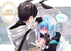 absurdres animal_ears arknights ayerscarpe_(arknights) bandage_on_cheek bandage_on_nose black_hair blue_hair blush bow cat_ears cat_girl cat_tail closed_eyes commentary doctor_(arknights) ear_piercing english_commentary english_text female_doctor_(arknights) fingerless_gloves gloves hand_on_another&#039;s_head highres nekorain_paw piercing pink_bow purring rabbit_boy rabbit_ears speech_bubble tail white_tail yellow_eyes