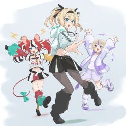 3girls animal_ears arms_up black_pantyhose blonde_hair choker collar dancing detached_sleeves hakos_baelz hakos_baelz_(1st_costume) highres hololive hololive_dev_is hololive_english hood hooded_jacket jacket kazama_iroha leg_warmers long_(haruki-7) midriff miniskirt mouse_ears mouse_tail multicolored_hair multiple_girls pantyhose purple_choker purple_jacket red_hair sharp_teeth skirt spiked_collar spikes streaked_hair tail teeth todoroki_hajime todoroki_hajime_(1st_costume) twintails virtual_youtuber