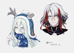 1boy 1girl antlers antlers_through_headwear beanie blue_hat blue_scarf closed_mouth commentary_request dated earflap_beanie fate/grand_order fate_(series) green_eyes green_hair grey_background hair_between_eyes hat horns light_smile long_hair looking_at_viewer louhi_(fate) louhi_(second_ascension)_(fate) multicolored_hair odysseus_(fate) open_mouth pom_pom_(clothes) pom_pom_beanie red_hair scarf simple_background smile streaked_hair sumi_(gfgf_045) translation_request white_hair yellow_eyes
