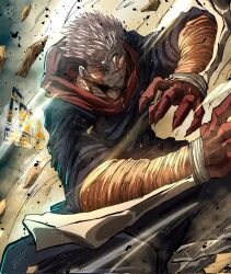 1boy claws debris fergoart fighting_stance highres hood hood_down hoodie itadori_yuuji jacket jujutsu_kaisen jujutsu_tech_uniform male_focus pants pink_hair red_hood rock rubble ryoumen_sukuna_(jujutsu_kaisen) scar scar_on_face school_uniform short_hair sleeves_rolled_up solo yellow_eyes