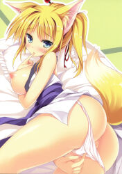 10s 1girl absurdres animal_ears anus ass bar_censor blonde_hair blue_eyes blush breasts censored dog_days finger_in_own_mouth fox_ears fox_tail futon highres large_breasts nipples panties panty_pull tail tatami tateha_(marvelous_grace) uncensored underwear white_panties yukikaze_panettone
