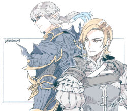 2boys armor back-to-back blonde_hair closed_mouth crossover dion_lesage dragoon earrings elezen elf estinien_varlineau final_fantasy final_fantasy_xiv final_fantasy_xvi frilled_sleeves frills grey_hair grey_vest hair_between_eyes hiryuu_(kugelcruor) jewelry long_hair looking_at_another low_ponytail male_focus medium_hair multiple_boys plate_armor pointy_ears ponytail shirt shoulder_armor shoulder_spikes smile spikes swept_bangs upper_body vest white_background white_shirt yellow_eyes