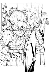 Rule 34 | 2girls, absurdres, alternate costume, armor, artoria pendragon (fate), border, cape, commentary, english commentary, fate (series), from side, greyscale, hand on own hip, highres, holding, holding shield, lonelysound, long hair, long sleeves, monochrome, mordred (fate), multiple boys, multiple girls, outside border, planted, planted sword, planted weapon, polearm, ribbon, roman armor, saber (fate), shield, spear, sword, weapon, white background, white border