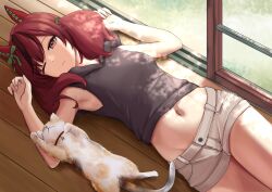 1girl absurdres animal_ears brown_eyes cat commentary_request ear_covers highres horse_ears horse_girl indoors lying medium_hair midriff miyama_mizuki_(hoshihoshi1220) multicolored_hair navel nice_nature_(umamusume) on_back one_eye_closed red_hair shirt short_shorts shorts sleeveless sleeveless_shirt solo streaked_hair twintails umamusume