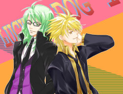 2boys bernardo_ortolani bishounen black-framed_eyewear black_coat black_necktie blonde_hair closed_mouth coat collared_shirt commentary_request copyright_name formal_clothes giancarlo_bourbon_del_monte glasses green_eyes green_hair hand_in_own_hair looking_at_viewer looking_to_the_side lucky_dog_1 male_focus medium_hair multiple_boys necktie one_eye_closed open_clothes open_coat orange_background pink_background purple_vest shiikasan shirt short_hair smile suit upper_body vest white_shirt yellow_eyes yellow_shirt