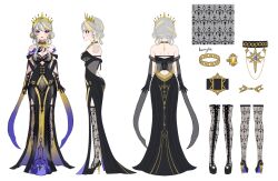 1girl aburage_(motimotigg20) bangle black_choker black_dress black_gloves black_shoes blonde_hair bracelet braid breasts choker cleavage double_bun dress earrings gloves gold_necklace grey_hair hair_bun high_heels highres indie_virtual_youtuber jewelry multicolored_hair multiple_views necklace off-shoulder_dress off_shoulder pelvic_curtain purple_eyes ring second-party_source shoes streaked_hair sunny_splosion thighhighs tiara virtual_youtuber white_background