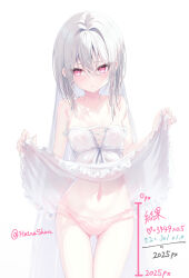 1girl absurdres albino blush clothes_lift collarbone cowboy_shot dress dress_lift hatenashun422 highres lifting_own_clothes long_hair navel original panties pink_panties red_eyes simple_background sleeveless sleeveless_dress solo spaghetti_strap twitter_username underwear white_background white_dress white_hair