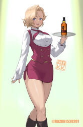 1girl artist_logo blonde_hair blue_eyes bow bowtie breasts earrings employee_uniform highres holding holding_tray jewelry king_(snk) kkzk61539201 large_breasts logo looking_at_viewer miniskirt sally_(snk) shirt short_hair signature skirt smile solo the_king_of_fighters tray twitter_username waiter waitress