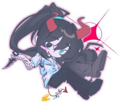 1boy :d black_eyes black_hair blue_eyes blush card chest_tattoo chibi chibi_only coin demon_horns demon_tail double-parted_bangs full_body hair_between_eyes hair_tie hawaiian_shirt heterochromia high_ponytail holding holding_knife hong_lu_(project_moon) horns knife legs_up limbus_company male_focus open_mouth outline outstretched_arm pectoral_cleavage pectorals pink_outline playing_card ponytail project_moon shirt smile soda0606 solo sparkle tail tattoo tattoo_sleeve white_background