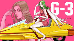 1girl animal_helmet artist_request belt bodysuit breasts cape cowboy_shot elbow_gloves eyelashes full_body gatchaman gloves green_hair grey_eyes helmet jun_the_swan lips looking_at_viewer parted_lips pink_background pink_shirt shirt signature solo thighhighs unworn_headwear unworn_helmet weapon white_belt white_cape white_gloves white_thighhighs