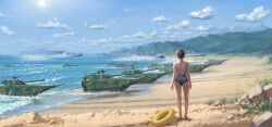1girl armored_personnel_carrier armored_vehicle barrel beach blue_sky brown_hair camouflage cannon cloud digital_camouflage forest from_behind gun hair_bun highres machine_gun military_vehicle motor_vehicle nature original paid_reward_available painting_(medium) people&#039;s_liberation_army people&#039;s_liberation_army_navy sand shouhui_lang_qun signature sky solo swim_ring swimsuit tank traditional_media type_075_lhd type_726_lcac weapon ztd_05