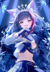 1girl :d anichika animal_ears black_gloves black_hair black_skirt commentary cropped_jacket english_commentary gloves gold_trim hands_up highres holding holding_microphone hololive jacket linea_alba looking_at_viewer microphone midriff multicolored_hair multicolored_jacket navel official_alternate_costume official_alternate_hairstyle ookami_mio ookami_mio_(our_sparkle) open_mouth pleated_skirt red_hair short_hair skirt smile solo straight-on streaked_hair swept_bangs teeth tiara two-tone_jacket upper_teeth_only virtual_youtuber white_skirt wolf_ears wolf_girl yellow_eyes