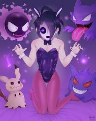 1boy ahoge allister_(pokemon) animal_ears bed_sheet black_bow black_bowtie black_hair black_nails bow bowtie collarbone commentary creatures_(company) detached_collar game_freak gastly gen_1_pokemon gen_7_pokemon gengar gomicake hands_up haunter highres kneeling leotard male_focus male_playboy_bunny mask mimikyu nail_polish nintendo pantyhose pokemon pokemon_swsh purple_legwear purple_leotard rabbit_ears short_hair signature w_arms wrist_cuffs