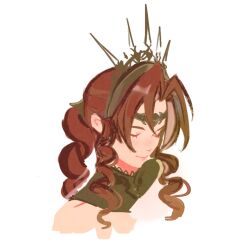 1girl aerith_gainsborough aerith_gainsborough_(loveless_dress) bare_shoulders braid braided_ponytail circlet closed_eyes closed_mouth crown final_fantasy final_fantasy_vii final_fantasy_vii_rebirth final_fantasy_vii_remake hair_between_eyes hair_tie highres light_smile mmariesr official_alternate_costume parted_bangs persona persona_3 persona_3_portable princess_rosa_costume sidelocks single_braid sketch solo white_background