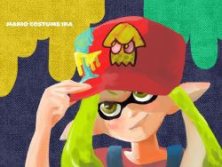 1girl adjusting_clothes adjusting_headwear anafuchi animal_print baseball_cap cosplay female_focus green_eyes green_hair halftone halftone_background hat inkling inkling_girl inkling_player_character mario mario_(cosplay) mario_(series) matching_hair/eyes nintendo overalls paint_stains pointy_ears red_shirt shirt solo splatoon_(series) splatoon_1 squid squid_print tentacle_hair