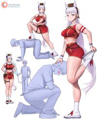 Rule 34 | 1girl, absurdres, adapted costume, all fours, armband, artist name, blunt bangs, blush, breasts, closed mouth, commentary, dismaiden, english commentary, gold ship (umamusume), grey hair, hands on own hips, highres, holding, holding hose, horse girl, horse tail, hose, long hair, looking at viewer, motion lines, multiple views, on one knee, pants, patreon logo, patreon username, pillbox hat, pink eyes, red armband, red shorts, shirt, shoes, short shorts, short sleeves, shorts, smile, socks, standing, standing on one leg, stepped on, tail, tall female, thighs, twitter username, umamusume, very long hair, water, white shoes, white socks