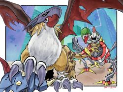 all_fours artcetona blonde_hair body_fur brown_wings digimon digimon_(creature) extra_eyes griffomon highres infermon no_humans red_eyes short_hair talons torn_wings wings yellow_eyes