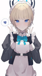 1girl absurdres alternate_hair_length alternate_hairstyle apron aqua_bow aqua_bowtie black_dress black_gloves blonde_hair blue_archive blue_eyes bow bowtie chest_harness commentary double_v dress fingerless_gloves frilled_apron frilled_hairband frills gloves hairband halo harness heart highres maid maid_apron maid_headdress microphone multicolored_halo short_hair spoken_heart sukasusu_51te toki_(blue_archive) v white_apron
