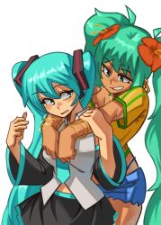 Rule 34 | 2girls, aqua eyes, aqua hair, aqua necktie, black skirt, black sleeves, blue eyes, blue hair, blue shorts, bracelet, brazilian miku, breasts, commentary, cowboy shot, detached sleeves, dual persona, english commentary, flower, frown, green hair, grey shirt, grin, hair flower, hair ornament, hatsune miku, highres, hug, hug from behind, jewelry, light blush, long hair, looking at another, looking to the side, medium breasts, moxydraws, multiple bracelets, multiple girls, necktie, parted lips, rectangular earrings, selfcest, shirt, shorts, simple background, skirt, smile, tan, teeth, twintails, very long hair, vocaloid, white background, yellow shirt, yuri