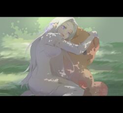 1girl alternate_costume catowjeemson chinese_commentary closed_mouth dappled_sunlight edelgard_von_hresvelg elbow_gloves fire_emblem fire_emblem:_three_houses gloves grass green_background hair_ribbon highres leaning leaning_on_object leaning_to_the_side light_smile lingerie long_hair looking_to_the_side nintendo on_grass outdoors parted_bangs pink_lips puffy_short_sleeves puffy_sleeves purple_eyes purple_ribbon ribbon shade short_sleeves sitting solo stuffed_animal stuffed_toy sunlight teddy_bear thick_lips thighhighs thighs underwear wariza white_hair white_thighhighs